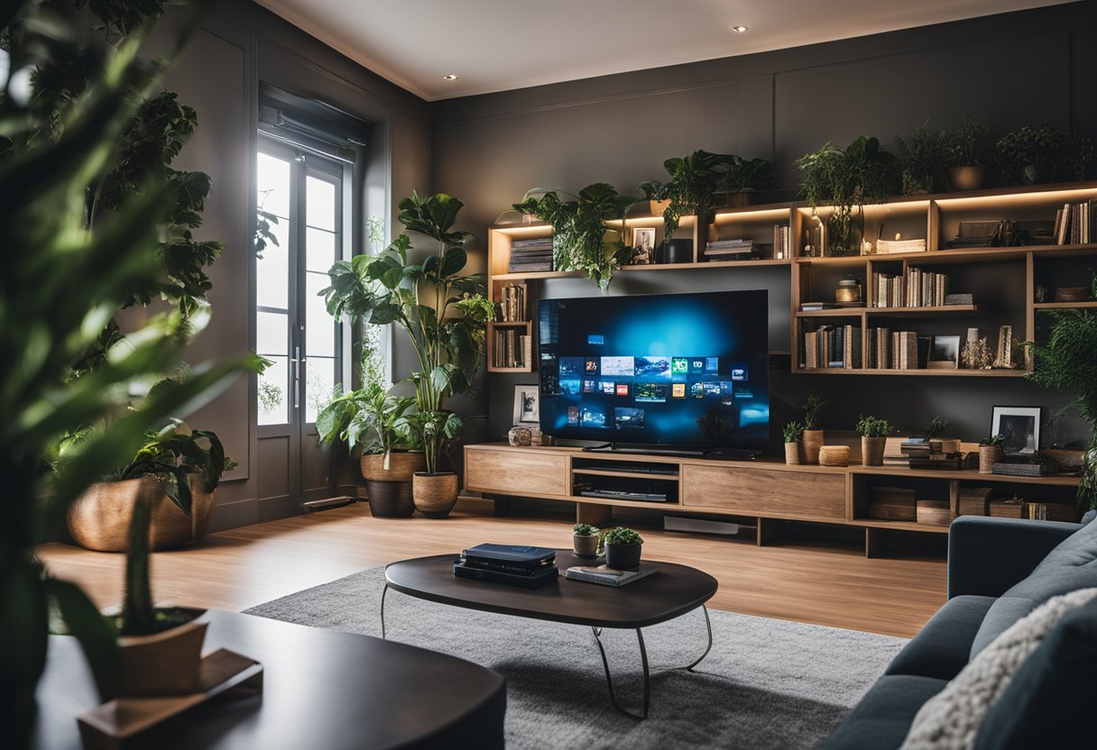 A cozy living room with a comfortable sofa and a large TV screen, with a video game console and controllers nearby. Books and plants add a touch of maturity to the space