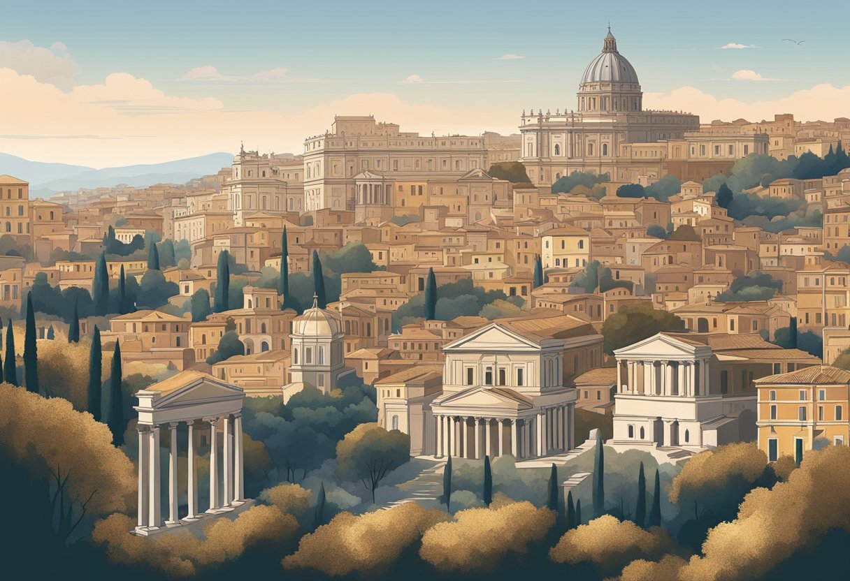 Seven hills of Rome rise majestically, each with its own unique silhouette against the sky. The ancient city sprawls below, with iconic landmarks dotting the landscape