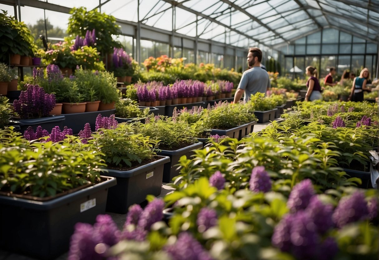A lush garden center, with rows of vibrant beautyberry bushes on display, surrounded by eager customers seeking to buy them