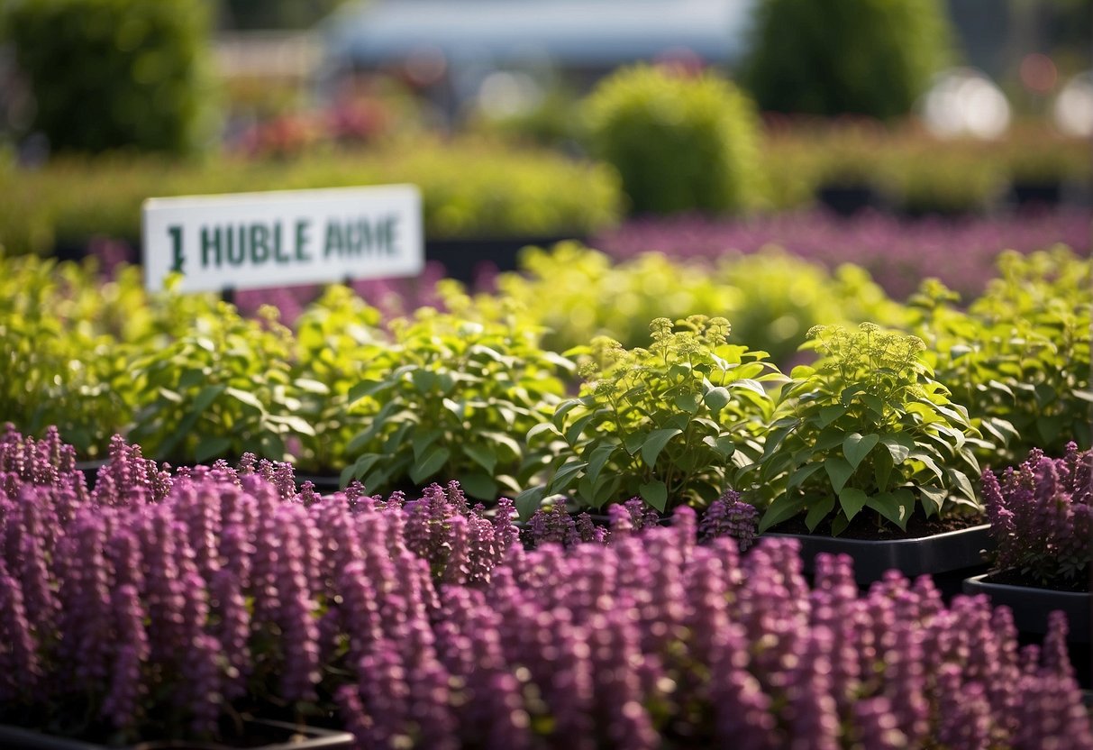A garden center with rows of vibrant beautyberry bushes, sign reading "Frequently Asked Questions: where to buy beautyberry bush near me" displayed prominently