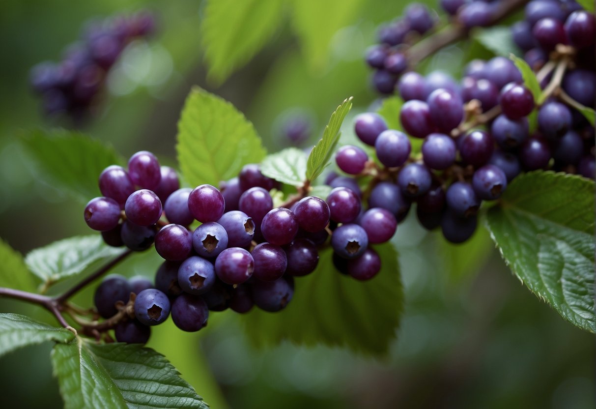 Lush beautyberry bush with vibrant purple berries, glossy leaves, and delicate branches in a forest setting