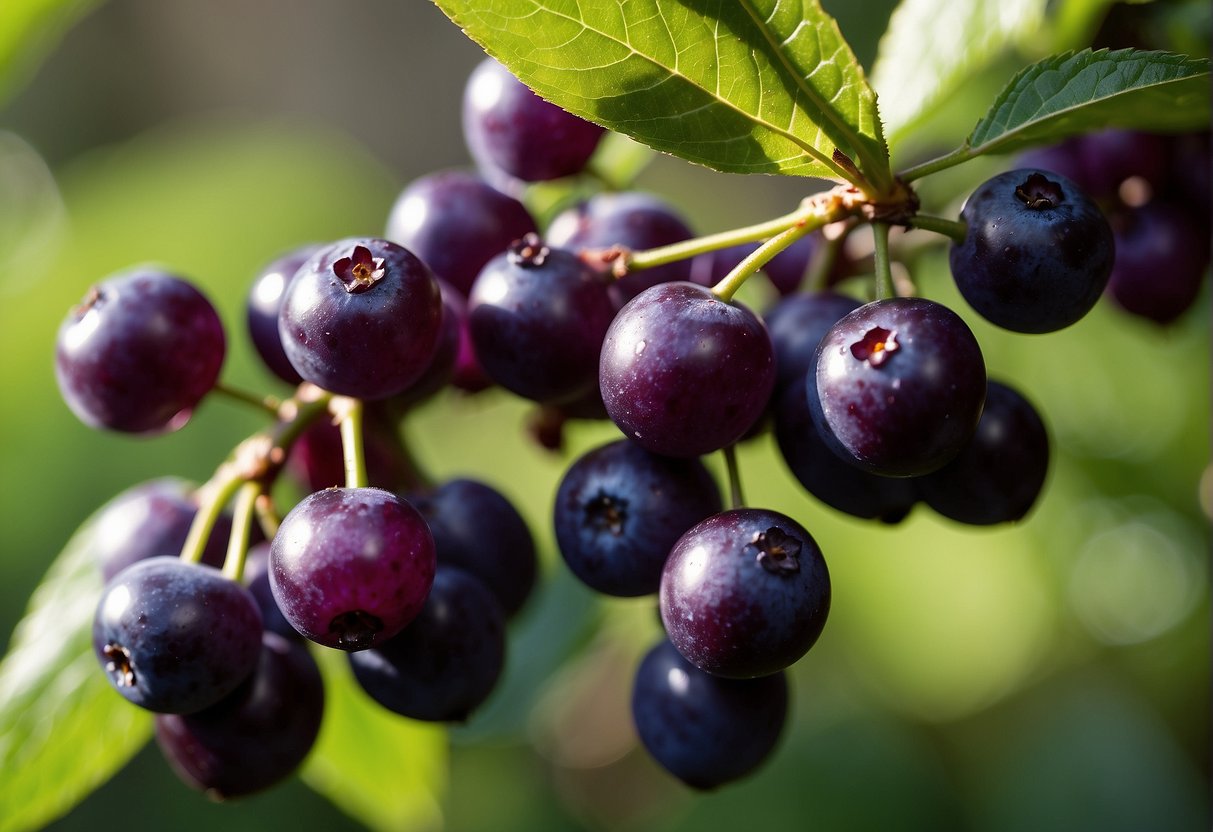 A cluster of vibrant purple beautyberries sits on a leafy branch, their glossy skin glistening in the sunlight