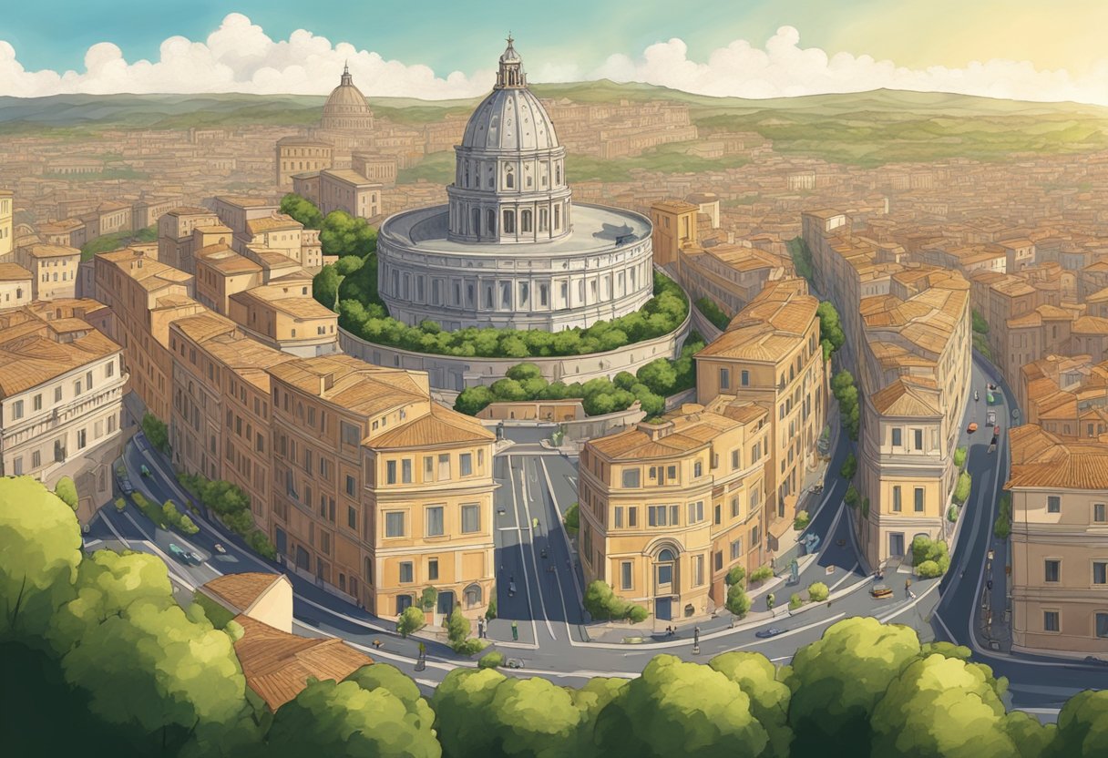 The seven hills of Rome stand tall, surrounded by modern developments. Tall buildings and bustling streets contrast with the ancient landmarks