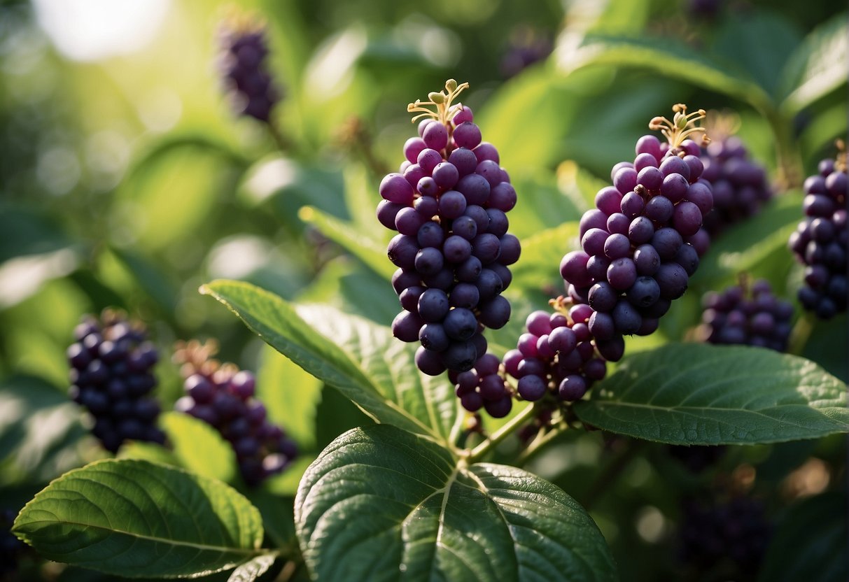 A beautyberry bush stands tall, with vibrant purple berries clustered along its branches. The leaves are a rich green, and the bush is surrounded by carefully tended soil