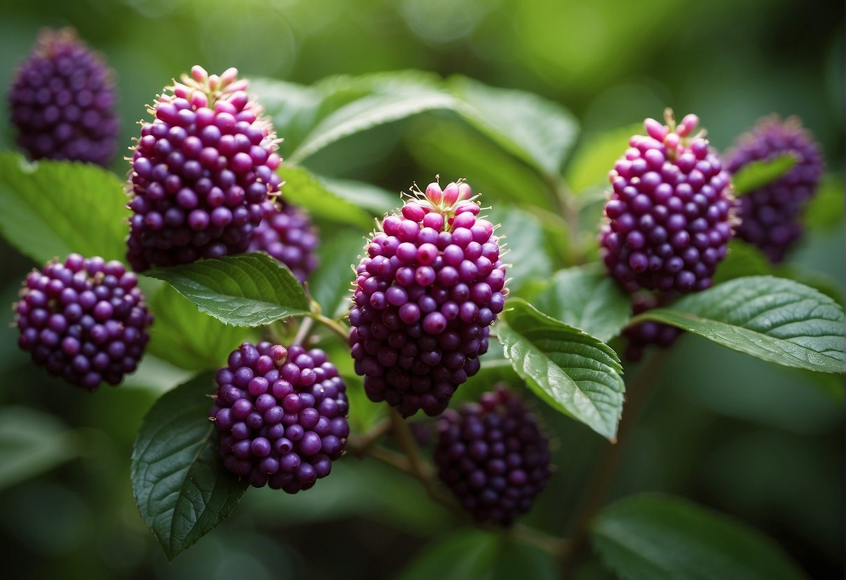 A beautyberry bush with vibrant purple berries stands in dappled sunlight, surrounded by lush green foliage and delicate pink flowers