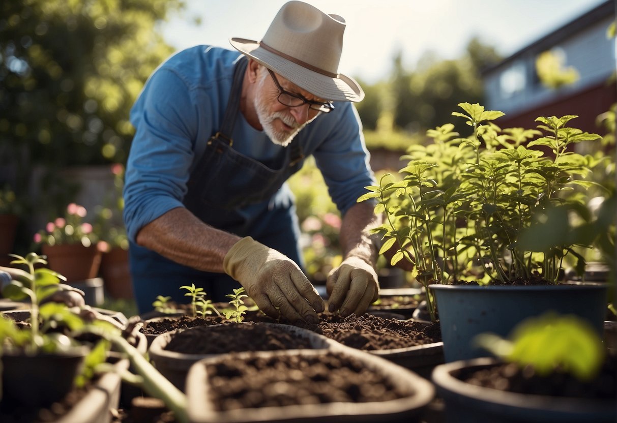 A gardener planting beautyberry, surrounded by gardening tools and pots of soil, with a clear blue sky and bright sunshine overhead