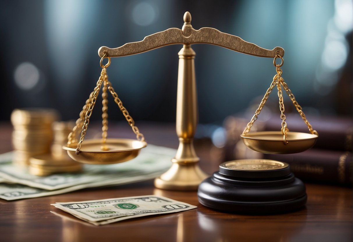 A scale balancing money and justice, a gavel symbolizing legal rights, and a shield representing protection for injured individuals