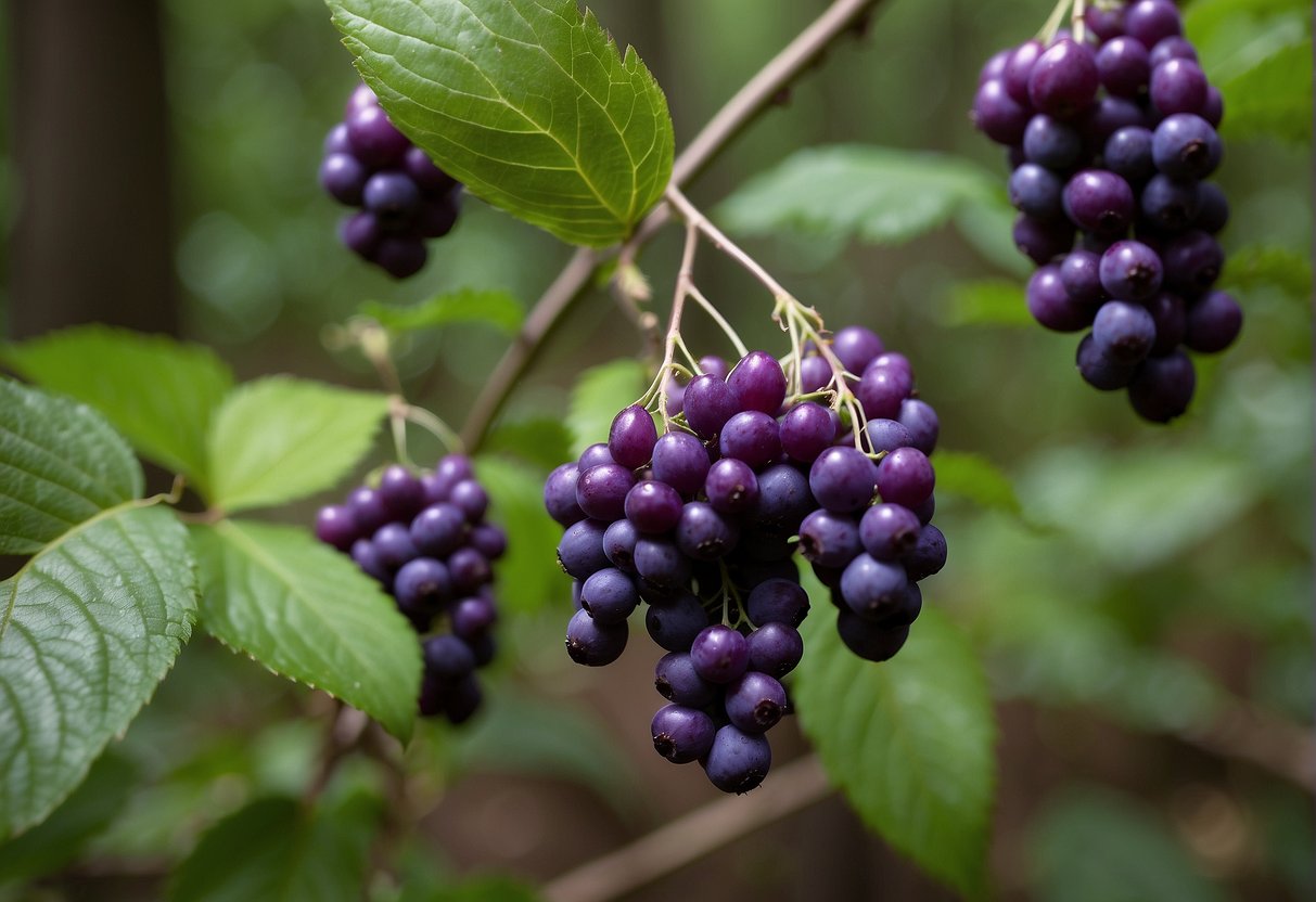 Beautyberries grow in a lush woodland habitat, surrounded by native plants and trees. Birds and small mammals are drawn to the vibrant purple berries, which they eat to sustain themselves in the wild