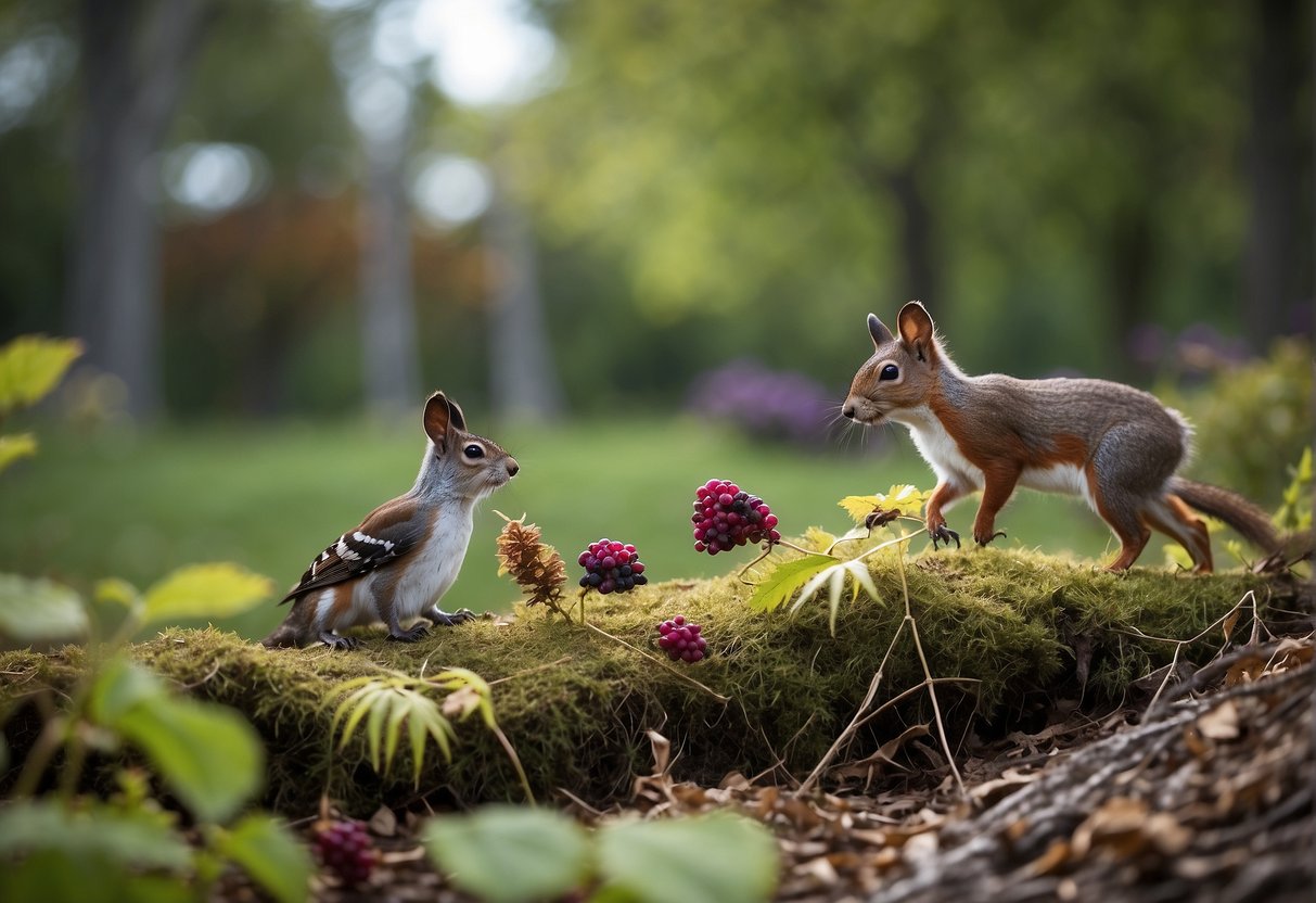 Animals feeding on beautyberry, including birds, squirrels, and deer, with scattered fallen berries on the ground