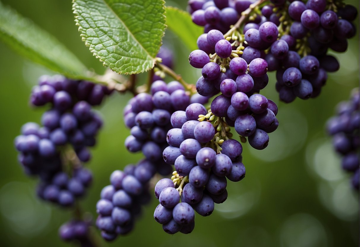 A cluster of American Beautyberry bushes, standing tall and reaching up to 6 feet in height, with vibrant purple berries hanging in clusters along the branches