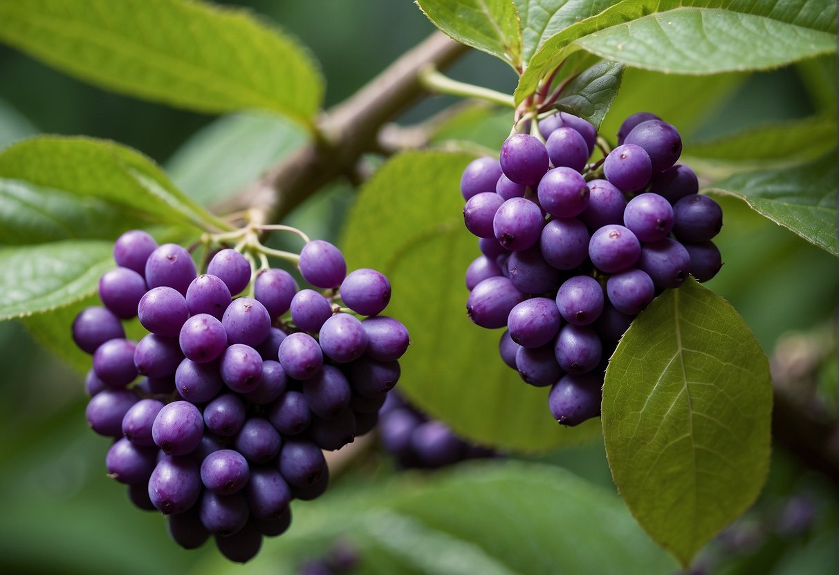 American beautyberry grows up to 6 feet tall with long, arching branches. Its leaves are green and its clusters of bright purple berries stand out against the foliage