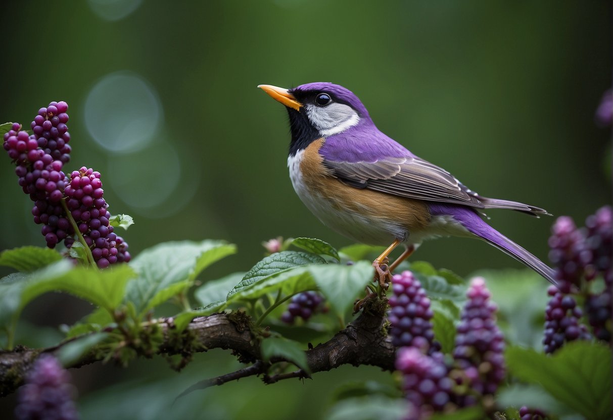 Birds and small mammals eat American beautyberries in a lush forest clearing. The vibrant purple berries contrast with the green foliage