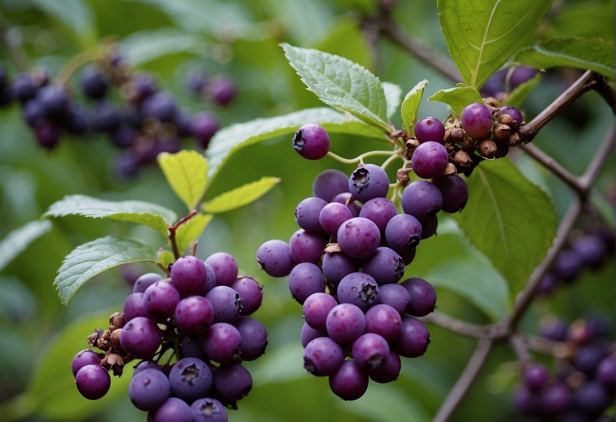 American beautyberry bush with ripe purple berries, surrounded by birds, squirrels, and deer feeding on the fruits