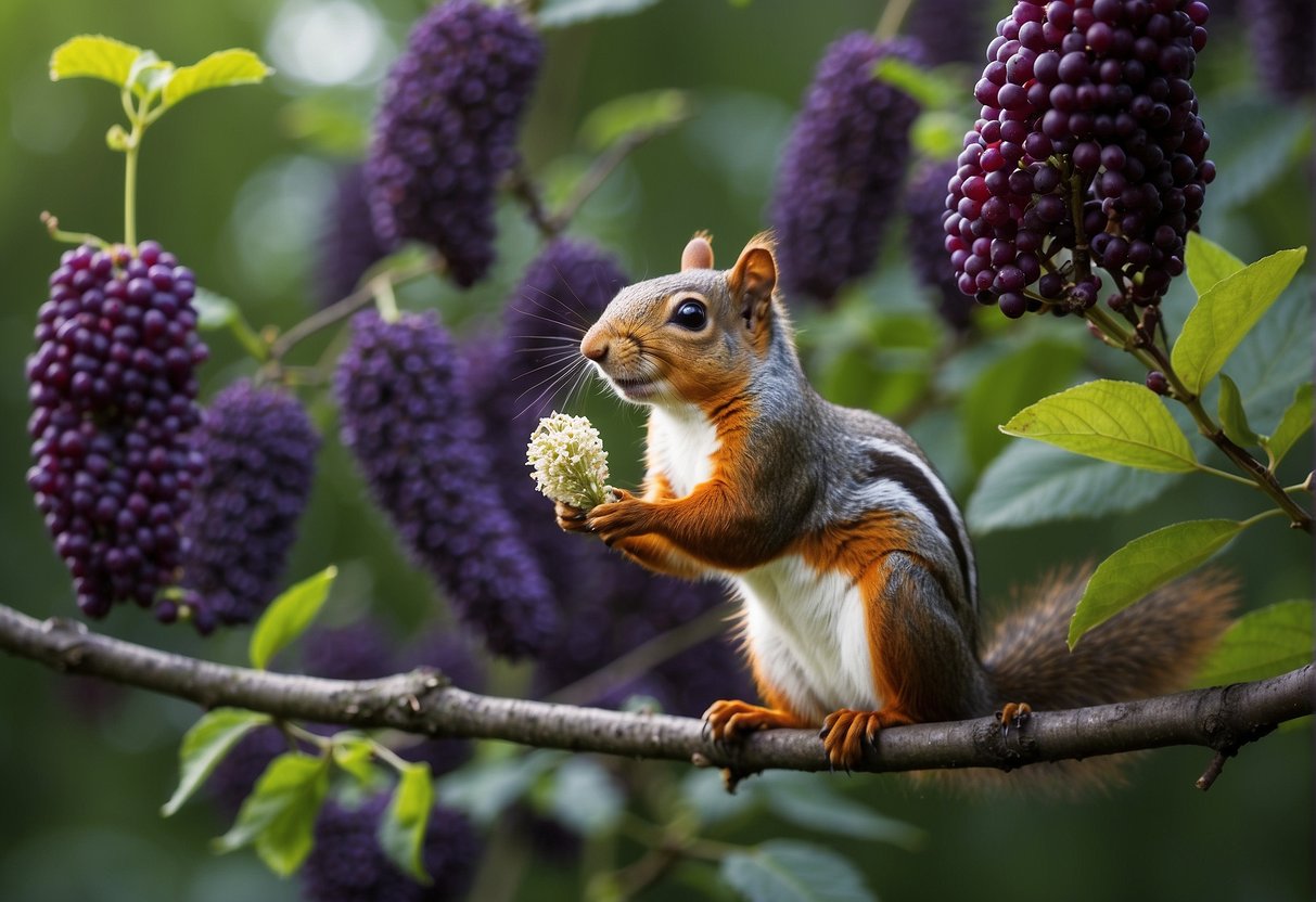 A squirrel nibbles on an American beautyberry while a bird perches nearby, eyeing the ripe purple berries. Butterflies flit around, sipping nectar from the flowers, showcasing the diverse interactions and benefits of wildlife in the ecosystem