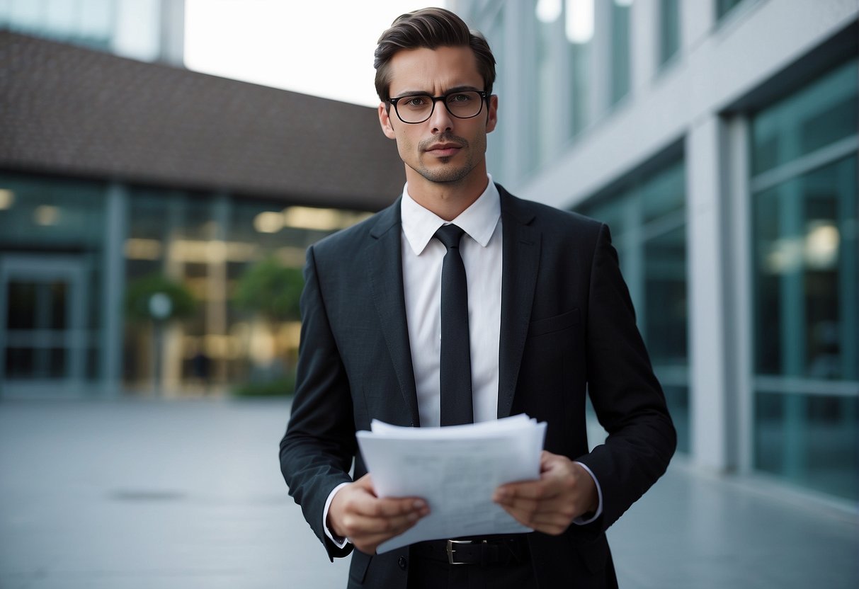 A person standing confidently in front of a large insurance company building, with a determined expression and a stack of legal documents in hand