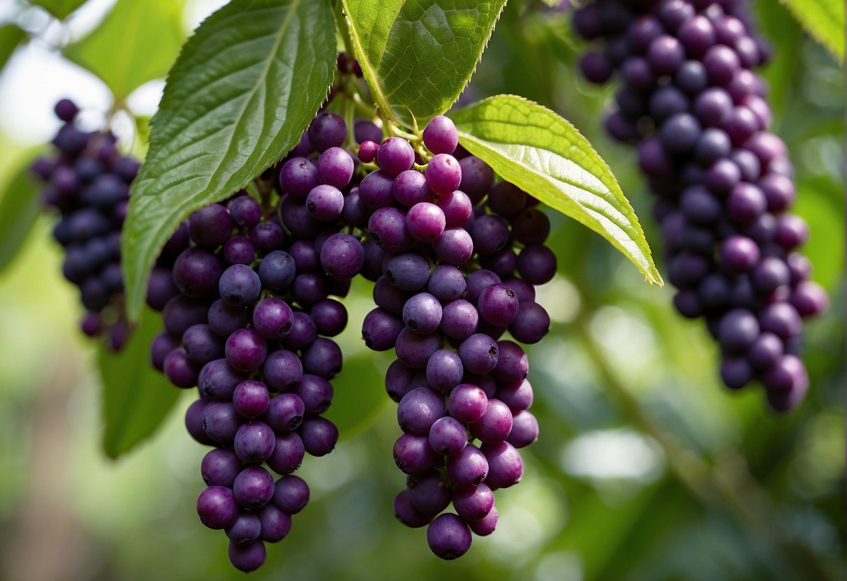 A lush garden with towering beautyberry bushes, their vibrant purple berries hanging in clusters, creating a beautiful and striking visual display