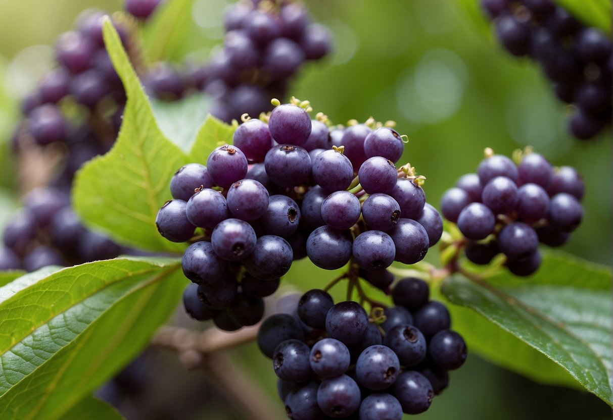 Beautyberry bushes grow up to 6 feet tall and wide, with clusters of vibrant purple berries. They thrive in sunny or partially shaded areas, providing food and shelter for birds and other wildlife