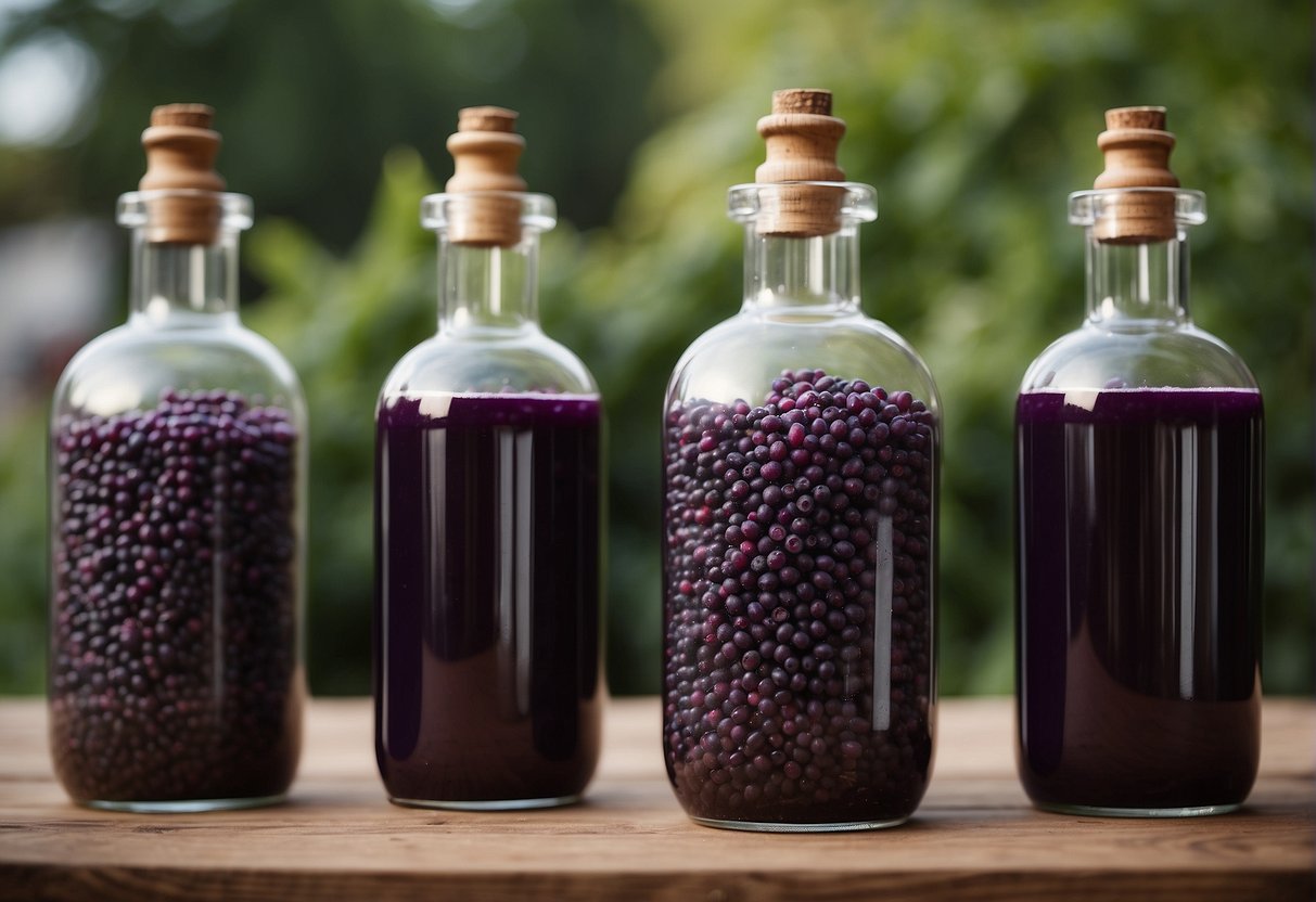 Beautyberries ferment in a large glass jar. A funnel fills wine bottles with the deep purple liquid