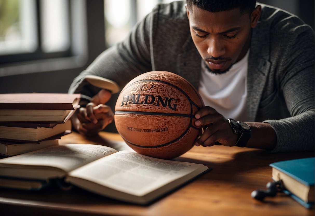 A basketball player studying with books and a basketball, balancing academics and athletics