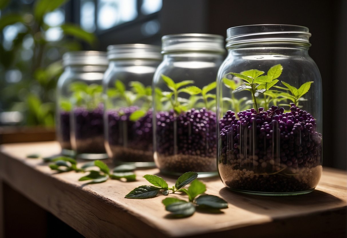 Lush beautyberry cuttings in water-filled jars, with healthy roots starting to form