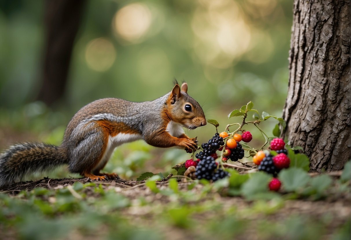 A squirrel nibbles on ripe American beautyberries, while a bird pecks at the fallen fruit on the ground