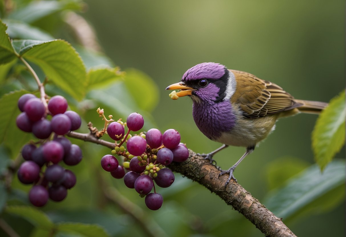 A bird plucks a ripe American beautyberry from the bush while a small mammal scurries nearby, eyeing the same tasty treat