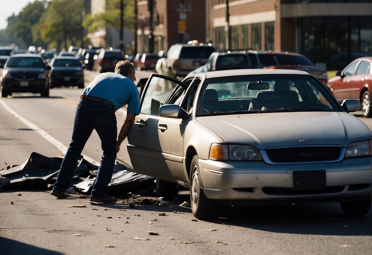 A car accident on a busy Marietta street, with a damaged vehicle and a concerned bystander calling for help