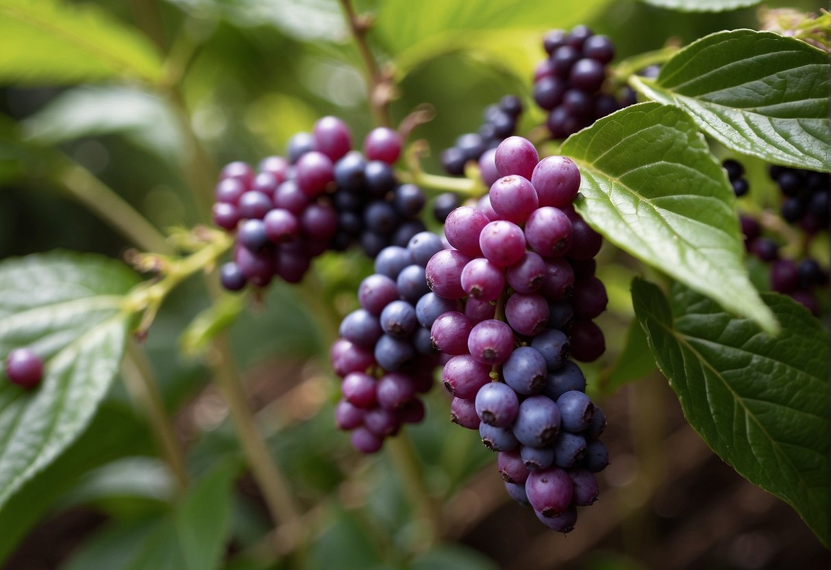 Lush garden with vibrant beautyberry bush surrounded by mulch and well-maintained soil. Sunlight filters through the leaves, highlighting the clusters of purple berries
