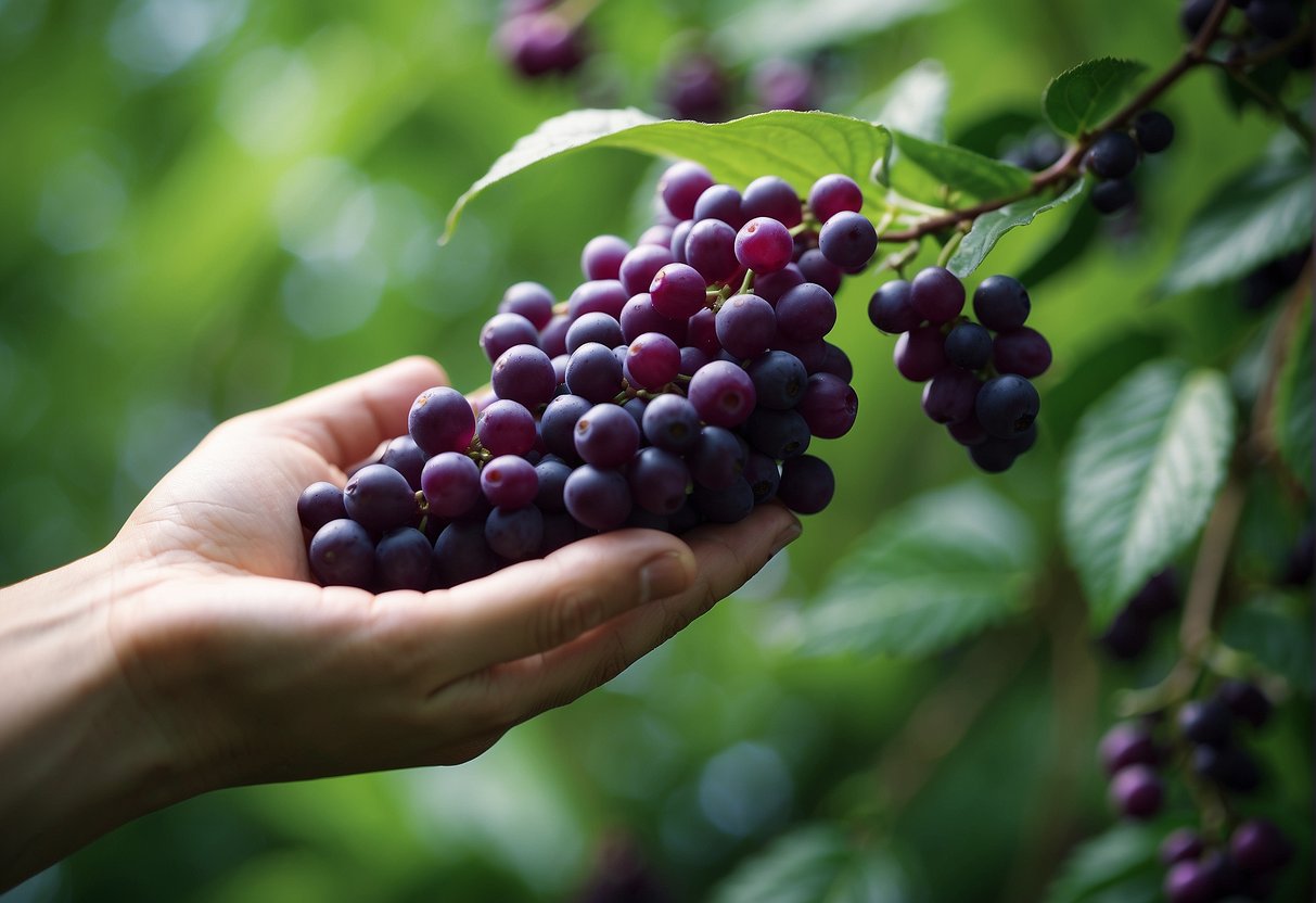 A hand reaching for a cluster of vibrant purple beautyberries, surrounded by lush green foliage