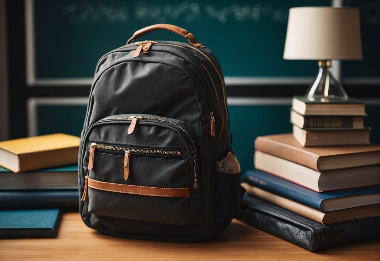 A well-organized school backpack with padded straps and multiple compartments, resting on a desk next to a water bottle and a stack of books