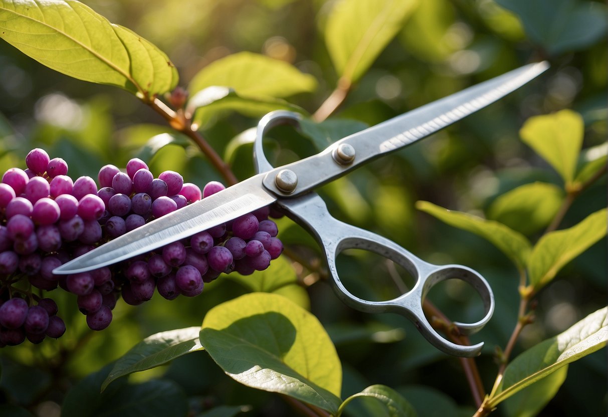 A pair of gardening shears trims a vibrant beautyberry bush in a sunny Florida garden