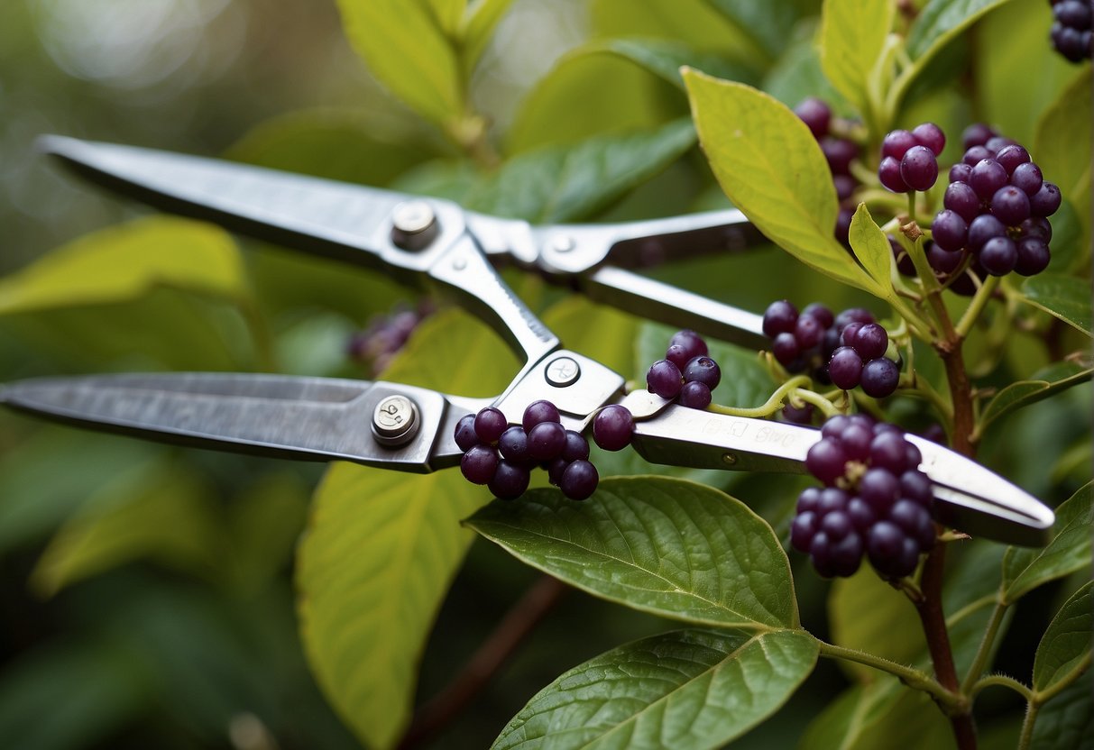 A pair of gardening shears cutting back a lush beautyberry bush in a sunny Florida garden