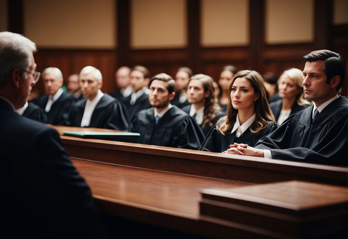 A courtroom with a judge presiding over a personal injury case, with lawyers presenting evidence and injured individuals seeking justice