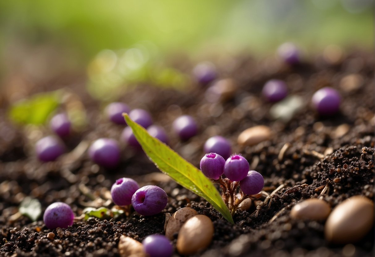 Beautyberry seeds are planted in well-drained soil, with a layer of mulch to retain moisture. The plants require partial shade and regular watering