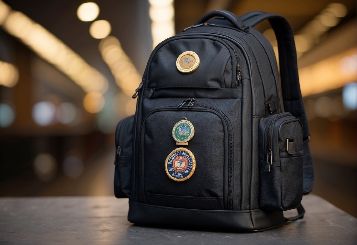 A backpack with ergonomic certification badges displayed prominently on the front, showcasing its quality and comfort for school use