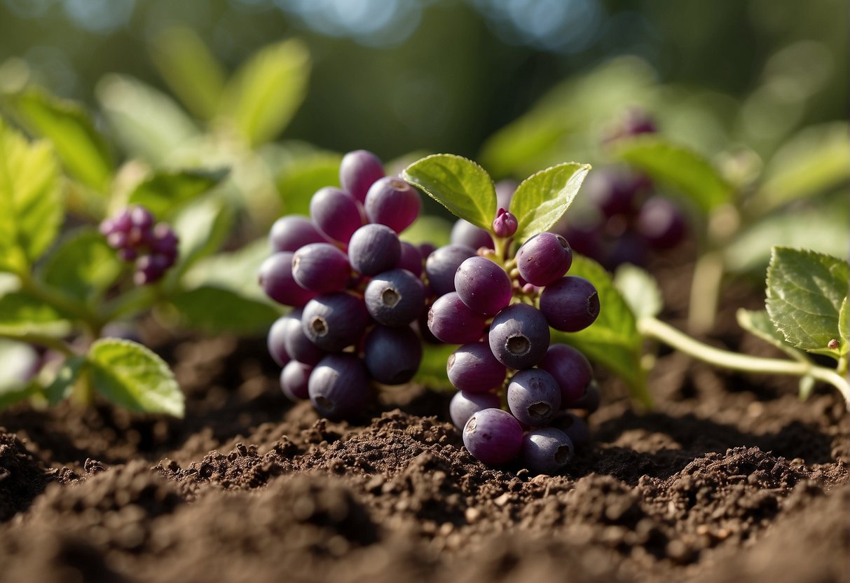 Beautyberry seeds being planted in rich soil, watered gently, and placed in a sunny spot. A label with planting instructions is visible nearby