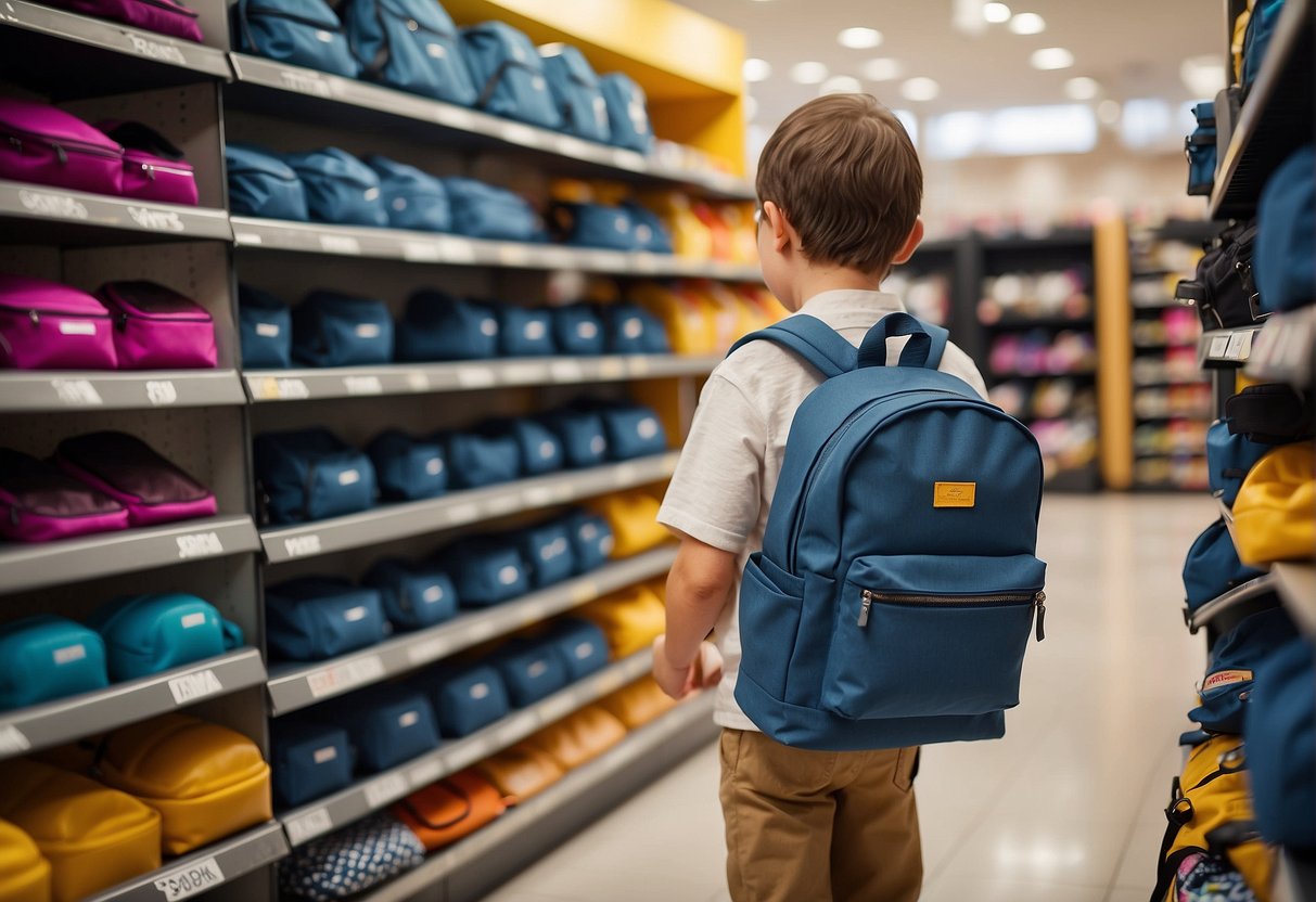 A child carefully selects an ergonomic school backpack from a variety of options displayed on shelves in a store