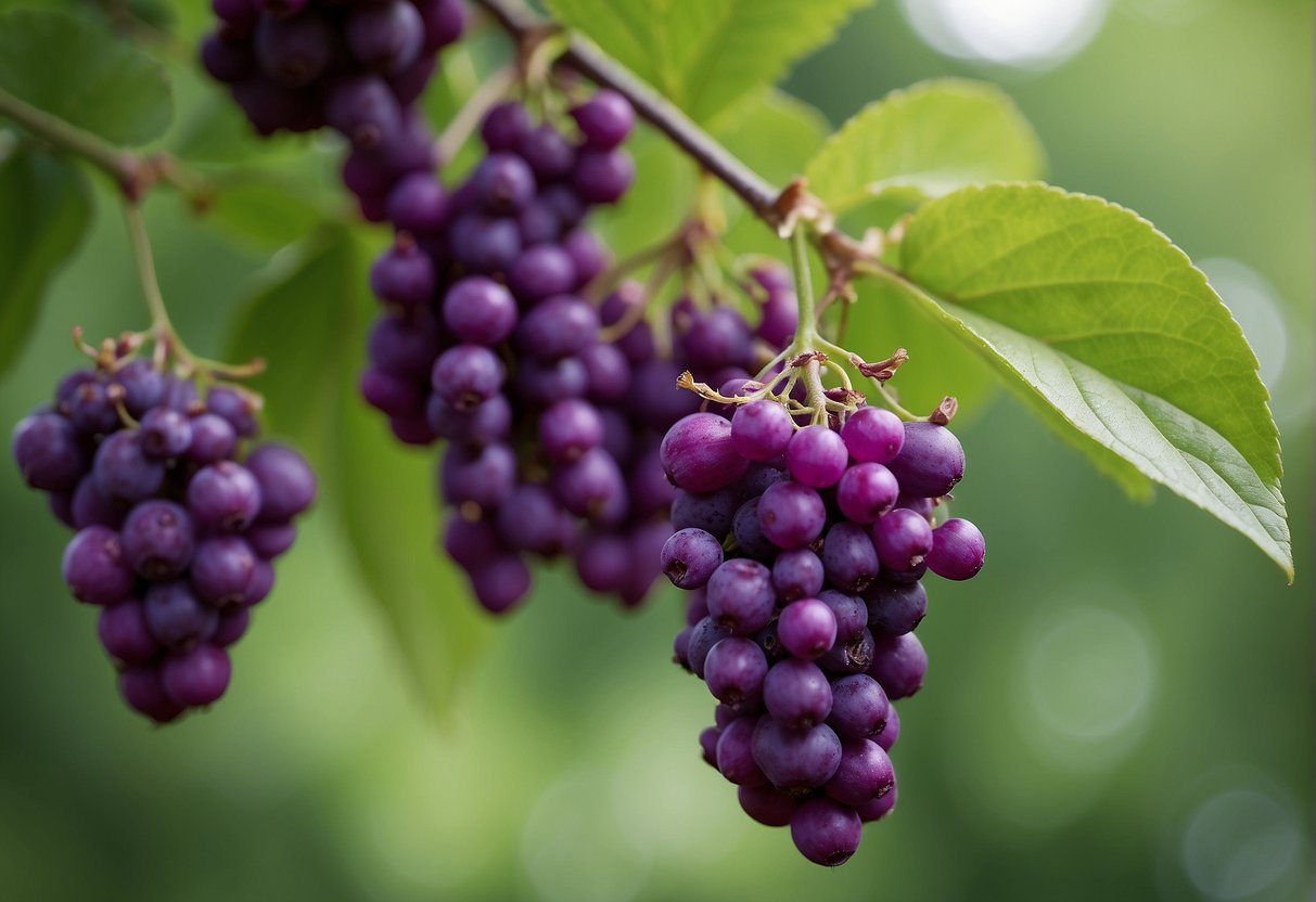A cluster of vibrant purple beautyberries hangs from a slender branch, surrounded by lush green leaves. The delicate flowers bloom in late spring, adding a pop of color to the landscape