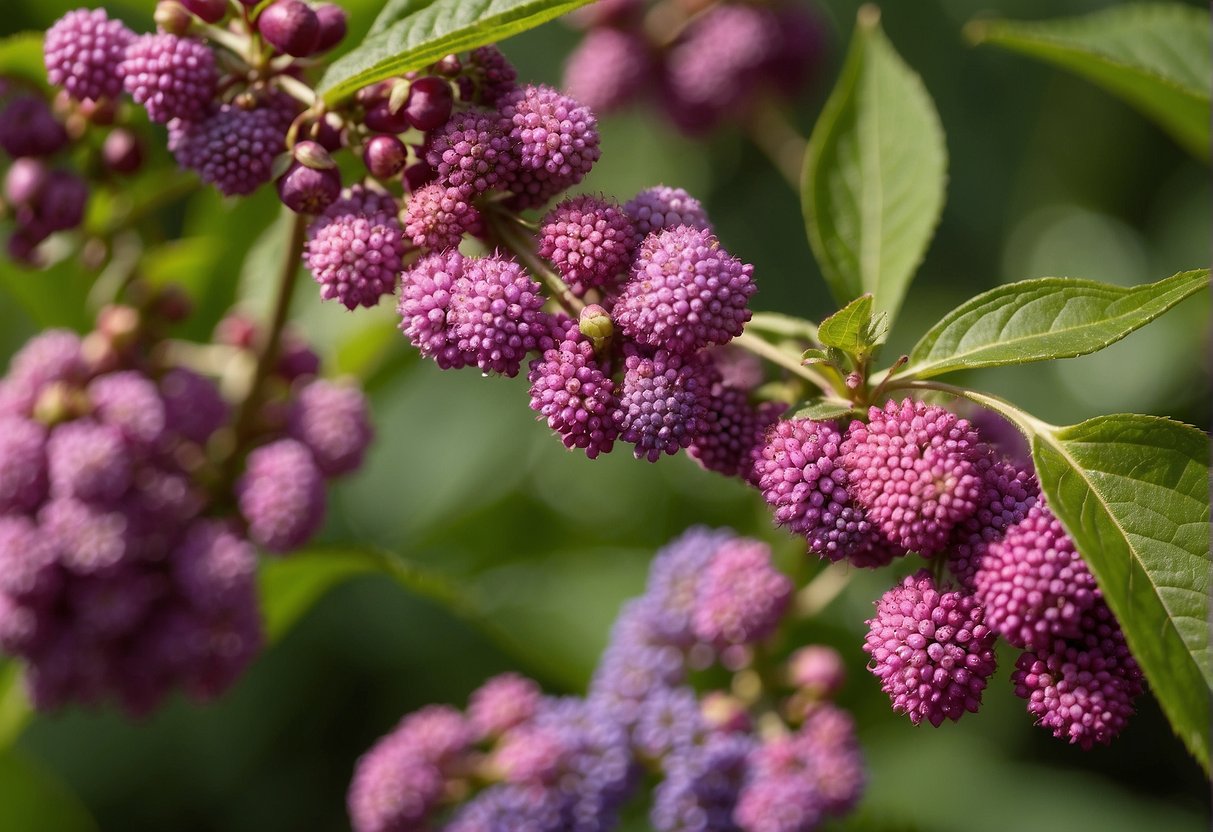 Beautyberry blooms in late summer, producing clusters of small, delicate pink or purple flowers. The plant requires regular watering and well-drained soil for optimal growth