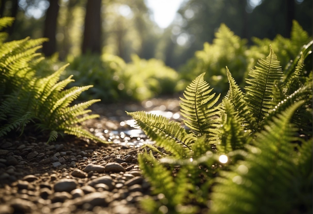 A sunny, well-drained area with partial shade, near a water source, and away from strong winds. Surrounding plants include ferns, azaleas, and oak trees