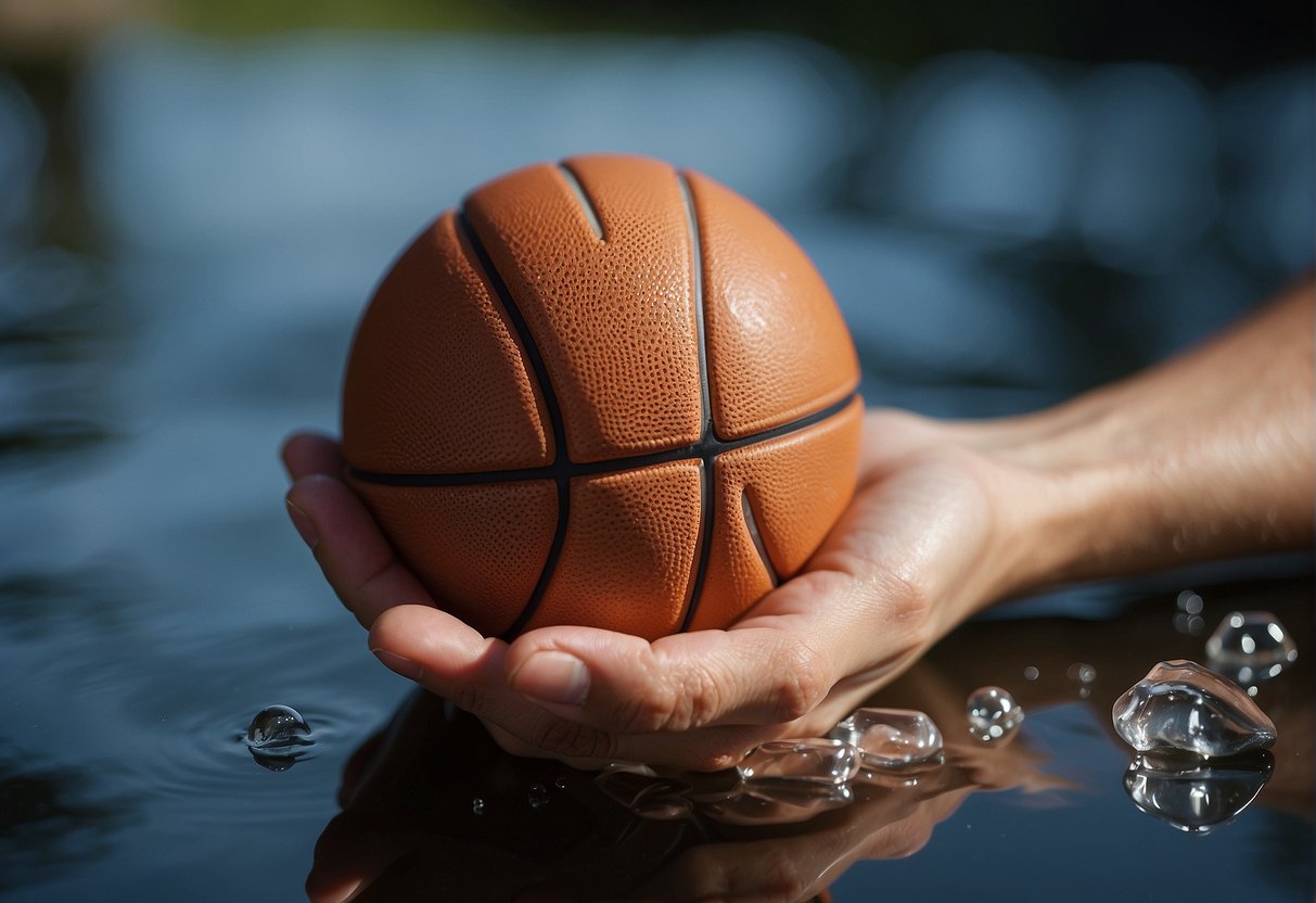A hand holding a deflated basketball, a needle, and a small container of soapy water