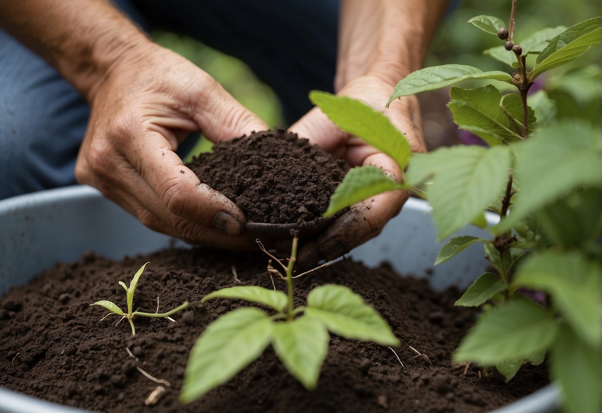 A gardener carefully digs up an American beautyberry plant and transfers it into a larger pot. The roots are gently spread out and covered with soil