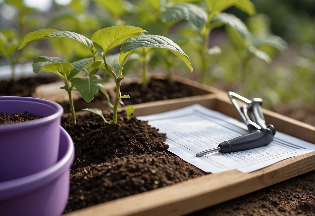 A gardener transplanting American beautyberry, surrounded by gardening tools and a FAQ sheet on when to transplant the plant