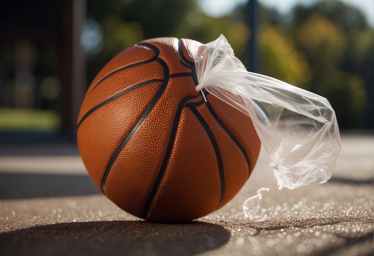 A basketball being inflated using a plastic bag and a straw, with air being blown into the ball