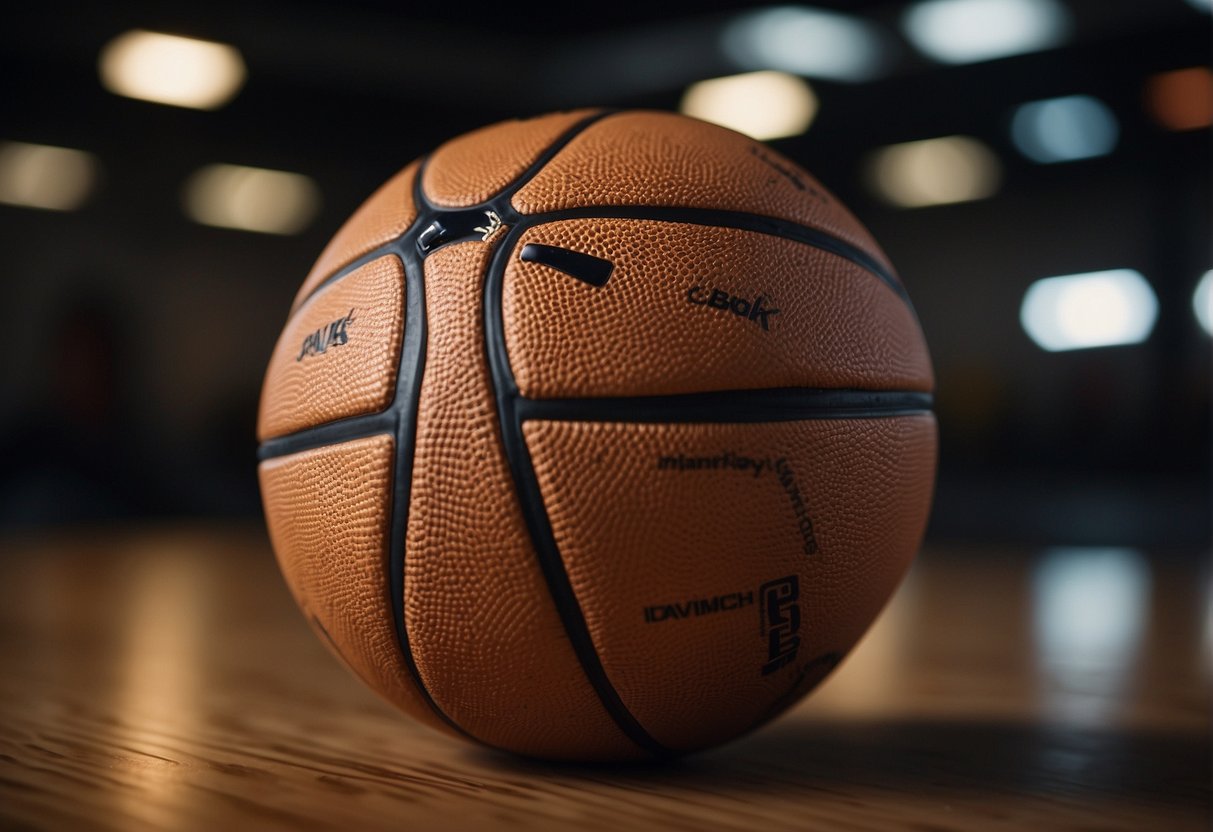 A basketball sits on a flat surface. A hand presses down on the ball, slowly inflating it using a needle and a manual pump