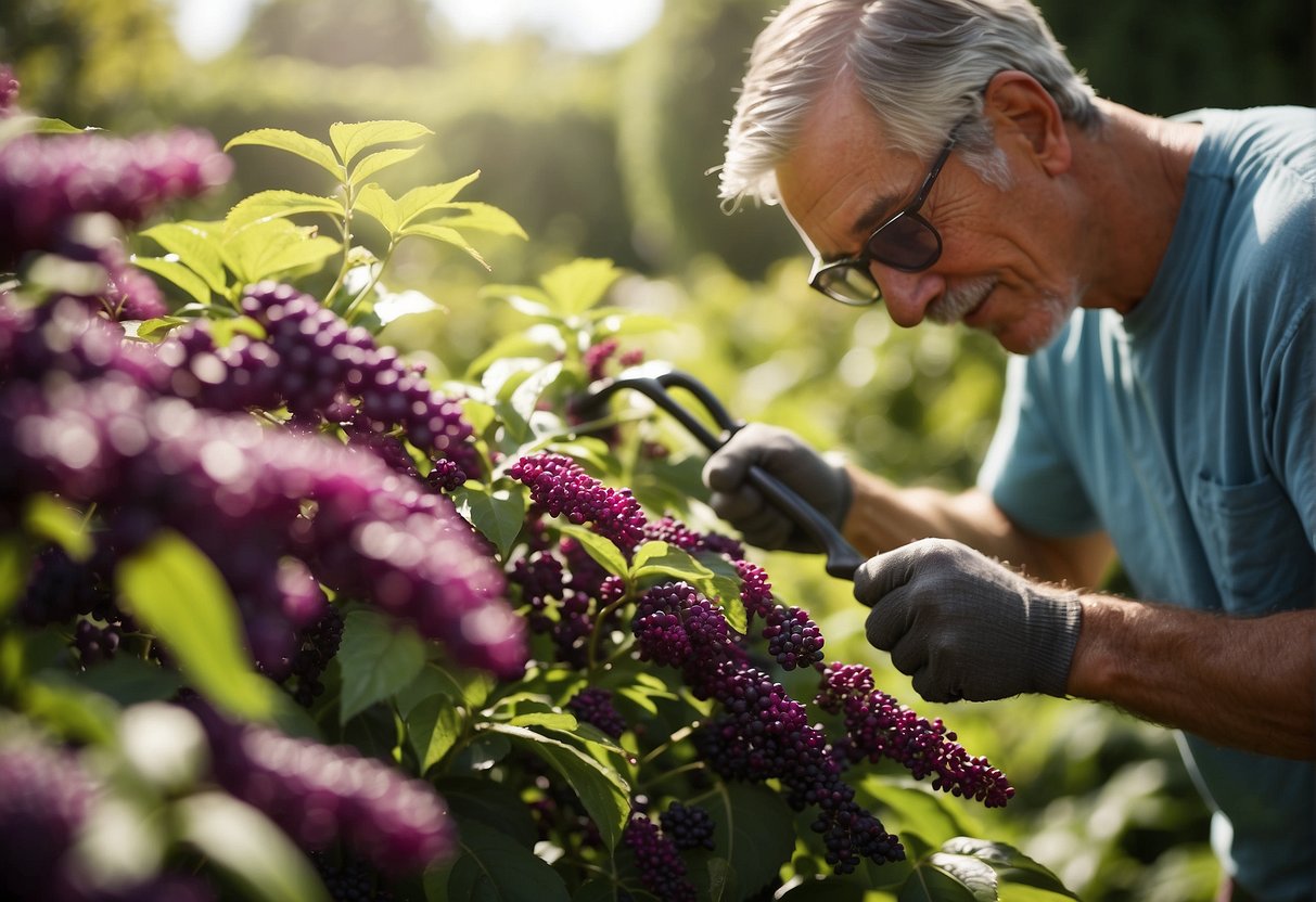 A gardener trims a healthy beautyberry bush in a sunny garden