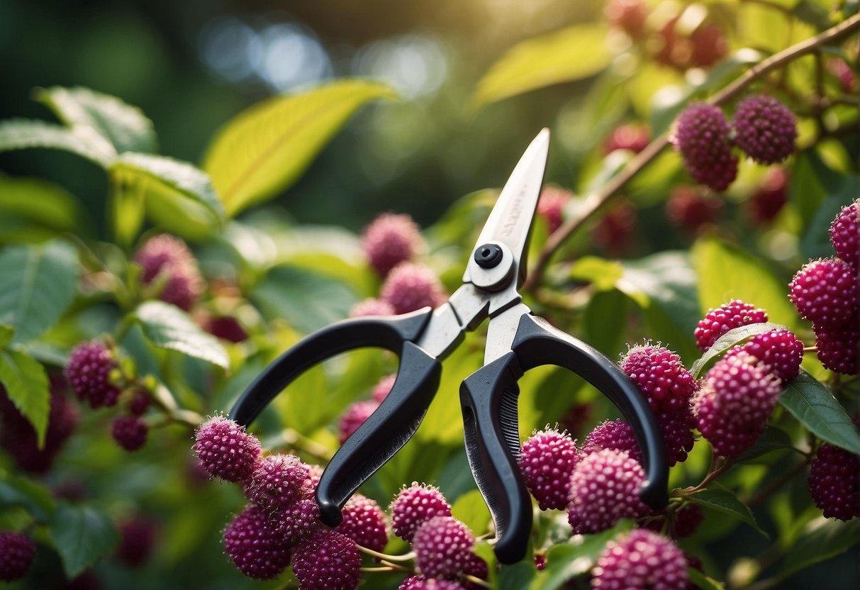 A pair of gardening shears trimming a beautyberry bush in a sunny garden