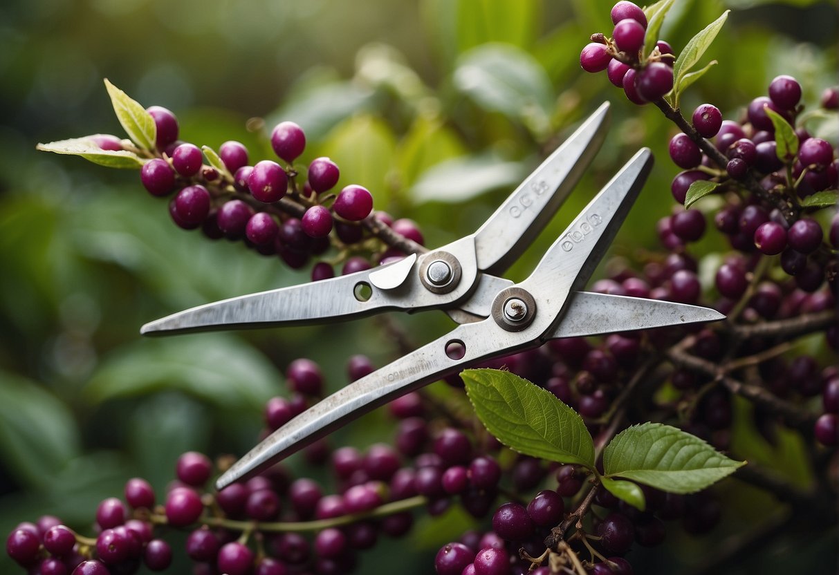 A pair of pruning shears snipping off overgrown branches from a beautyberry bush, with a pile of trimmed branches on the ground nearby