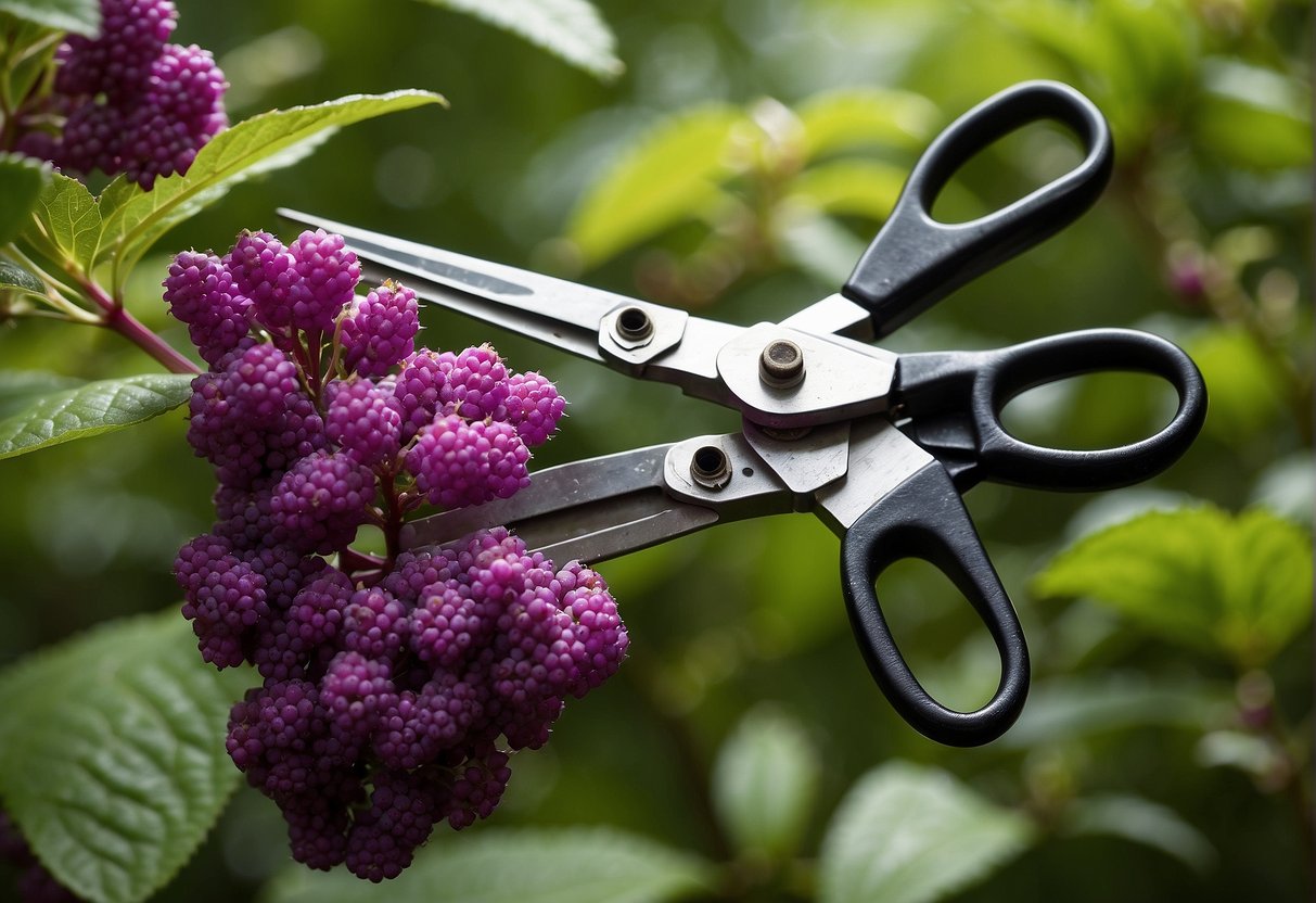 A pair of gardening shears hovers over a vibrant beautyberry bush, ready to trim back the overgrown branches. A FAQ list about beautyberry trimming is visible in the background