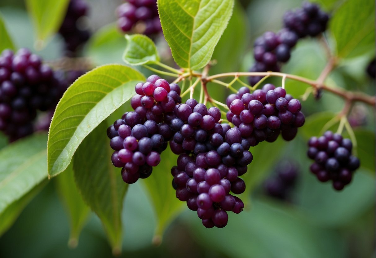 A close-up of beautyberry leaves and clusters of bright purple berries, with distinctive branching pattern and opposite leaves